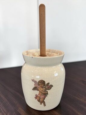Vintage 90s Ceramic 7” Butter Churn Crock w/ Decorative Cherub Angels Folk Art